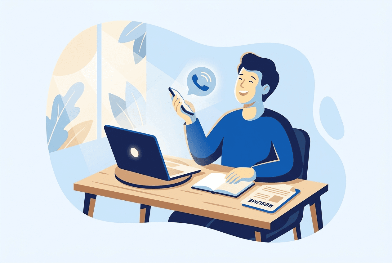 Job seeker receiving an interview phone call at their desk