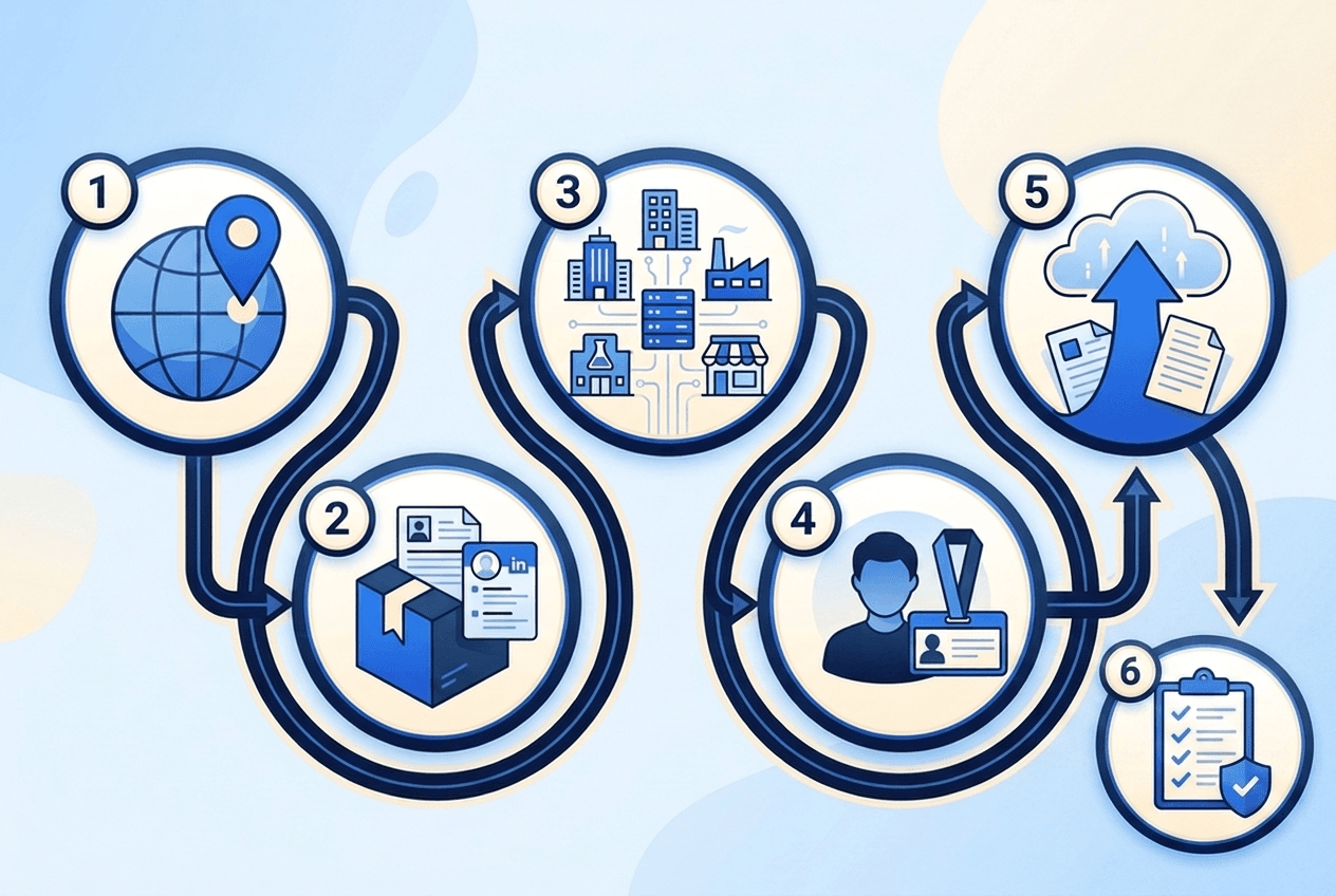 Six-step process illustration from region selection to order review