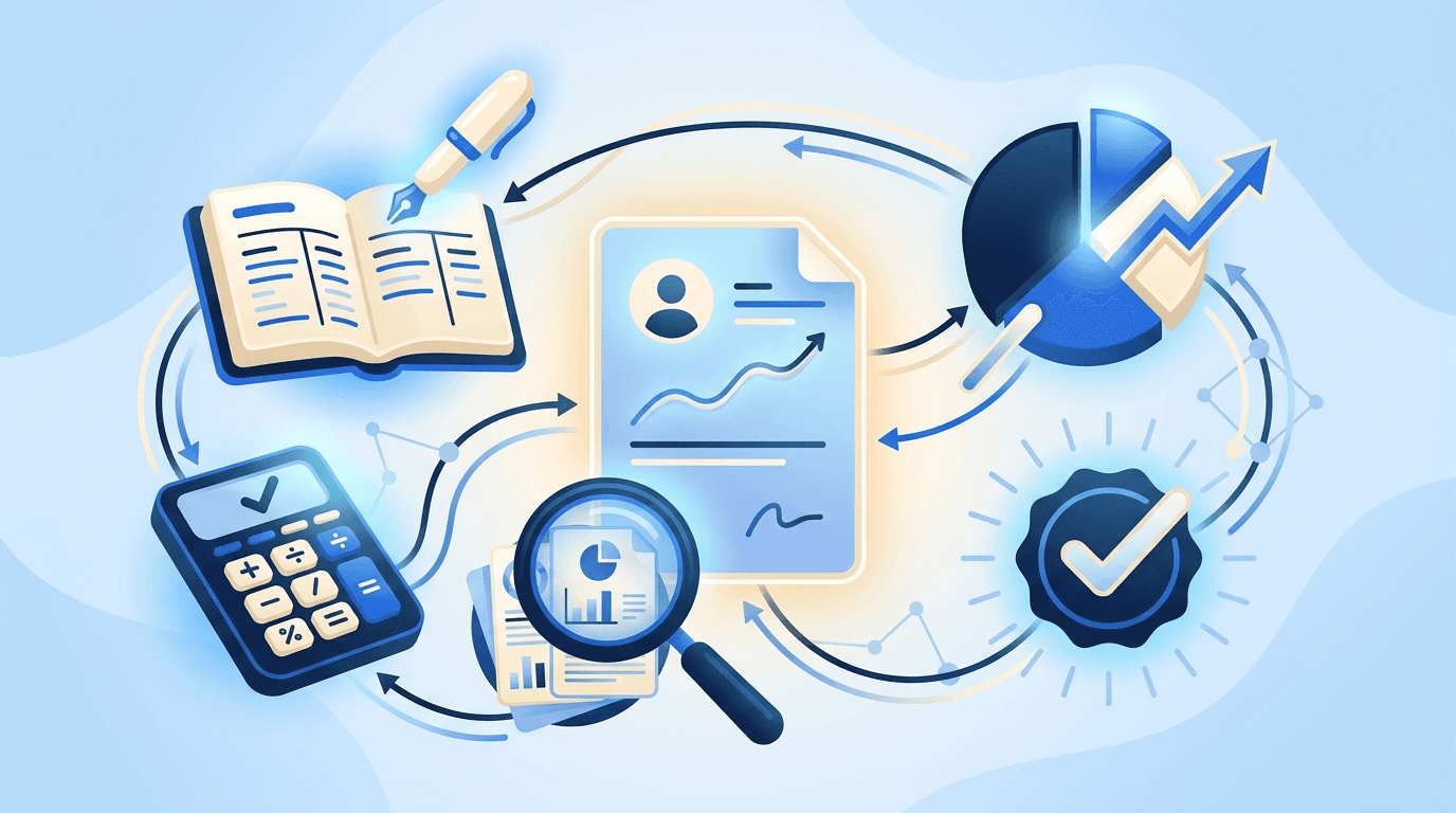 Accounting and audit motifs — ledger book, calculator, magnifying glass over documents, and pie chart around a resume