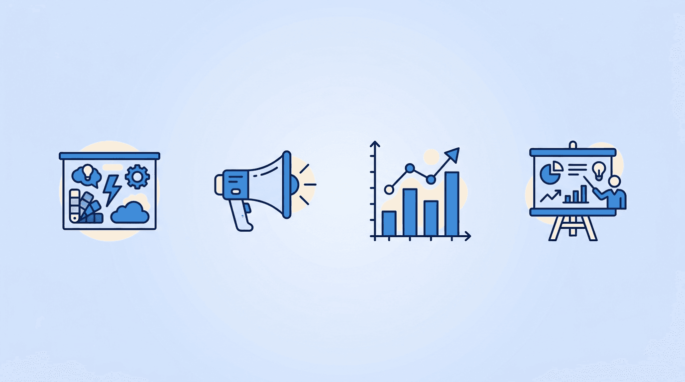 Advertising, marketing, and PR motifs — a creative-campaign layout, a megaphone, a media/analytics chart, and a pitch presentation arranged around a resume document