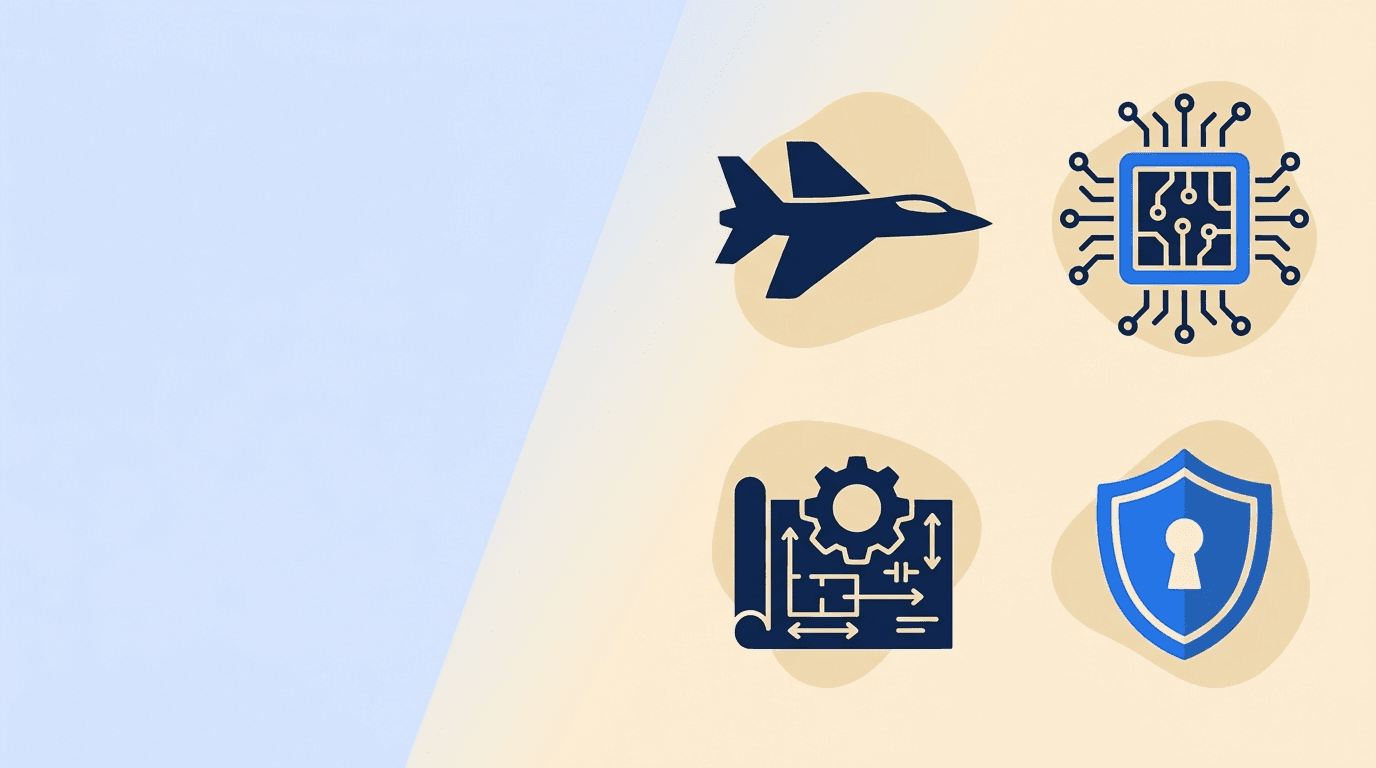 Aerospace and defense motifs — an aircraft silhouette, an avionics circuit board, a blueprint schematic, and a security shield arranged around a resume document