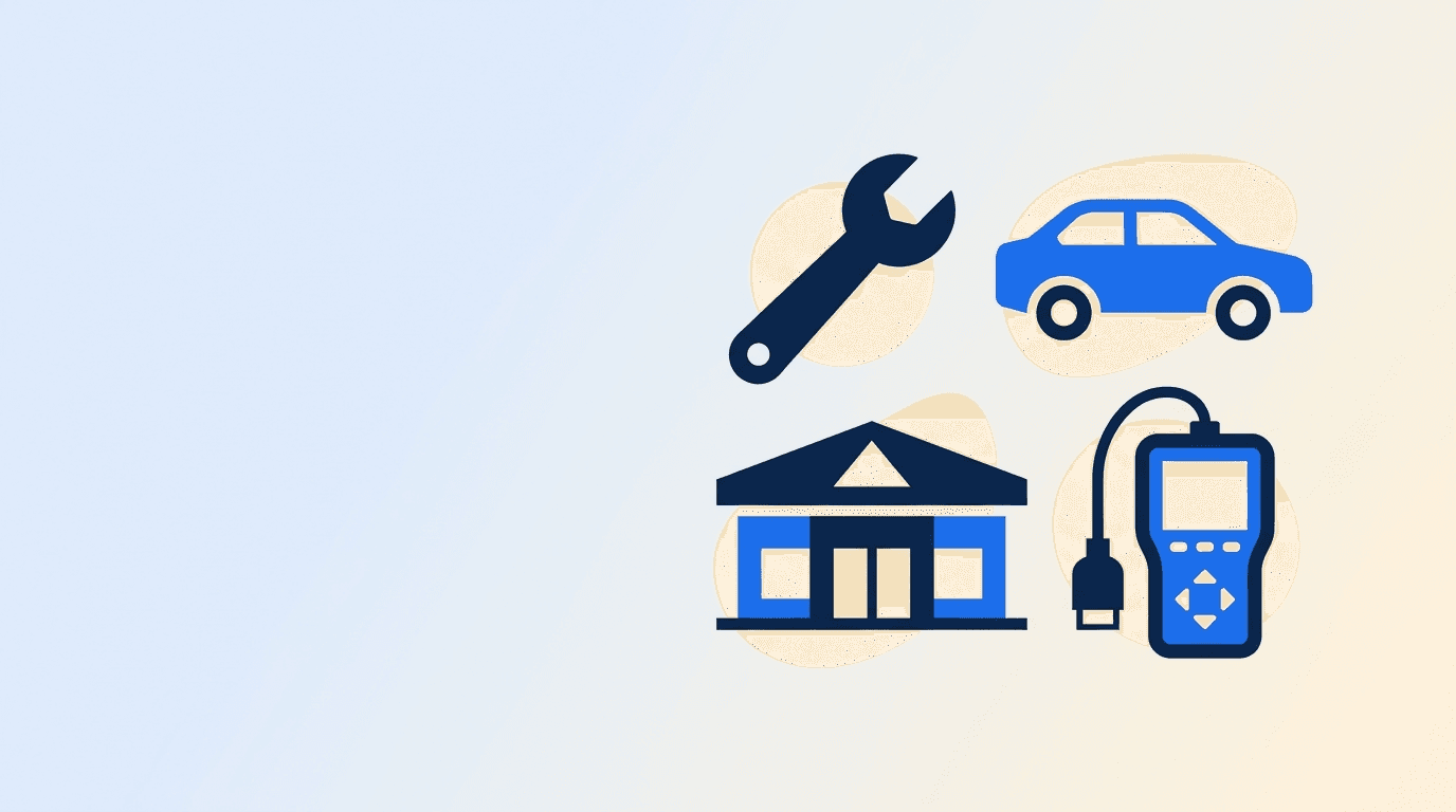 Automotive career motifs — a wrench, a vehicle silhouette, a dealership showroom, and a diagnostic scanner arranged around a resume document