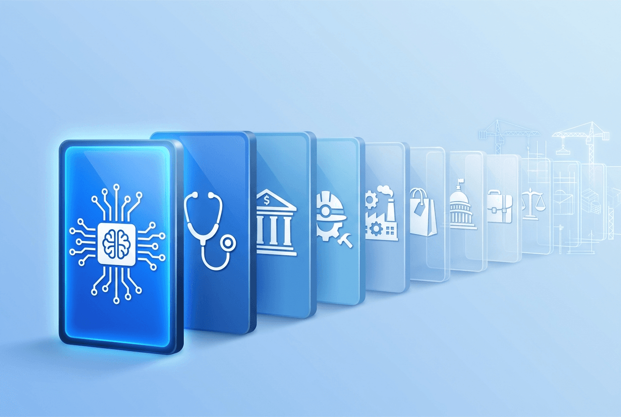 Row of industry tiles being built out one at a time, from technology to healthcare, finance, and more