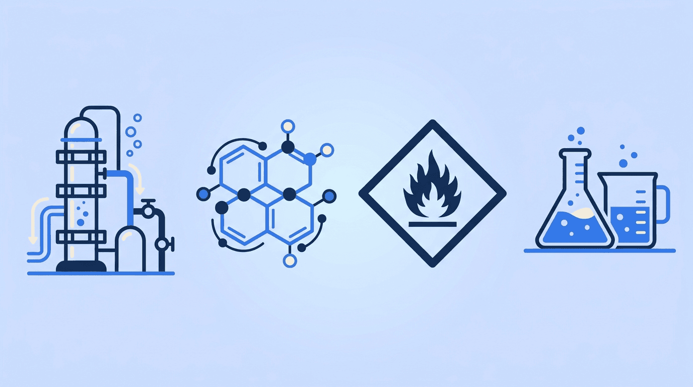 Chemical industry motifs — a distillation column, a molecular-bond diagram, a GHS hazard diamond, and laboratory glassware arranged around a resume document