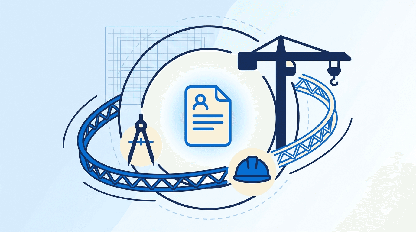 Construction and engineering motifs — blueprint grid, hard hat, crane, and drafting compass around a resume