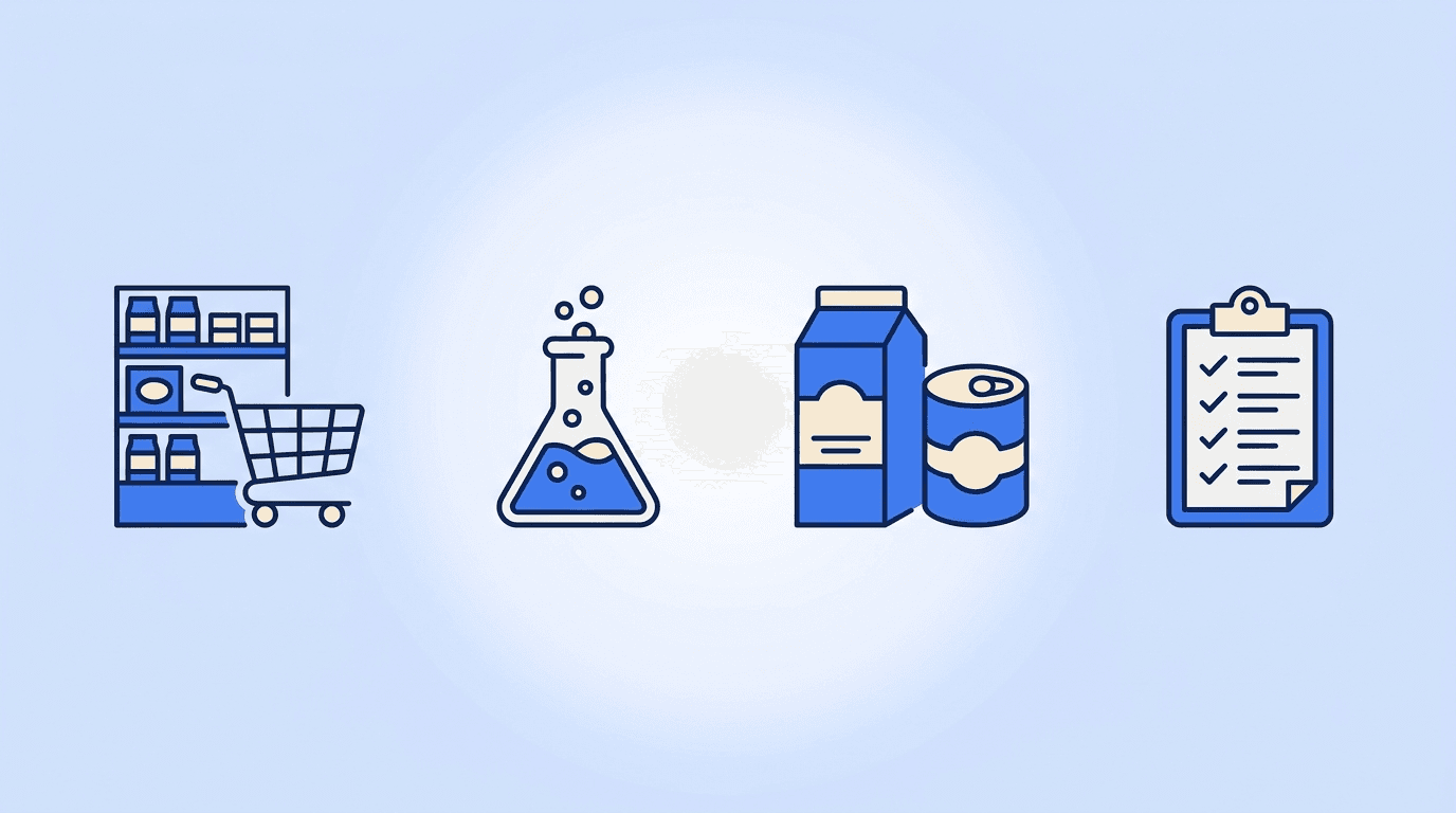 CPG and food & beverage motifs — a retail shelf and shopping cart, a food-science flask, a packaged product, and a checklist arranged around a resume document