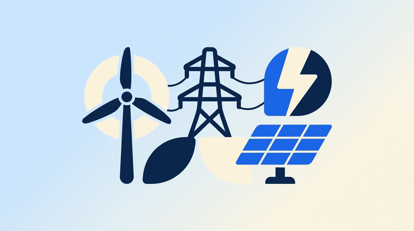 Energy and utilities motifs — a wind turbine, a power line pylon, a solar panel, and a lightning bolt arranged around a resume document