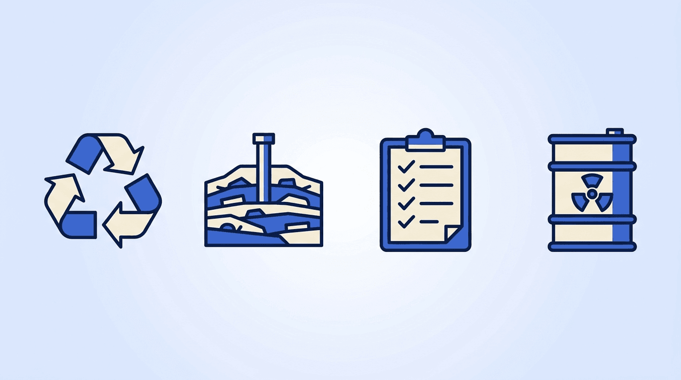 Environmental services and waste-management motifs — a recycling/materials-recovery symbol, a landfill with a gas-collection system, a regulatory-compliance checklist, and a hazardous-materials safety icon arranged around a resume document