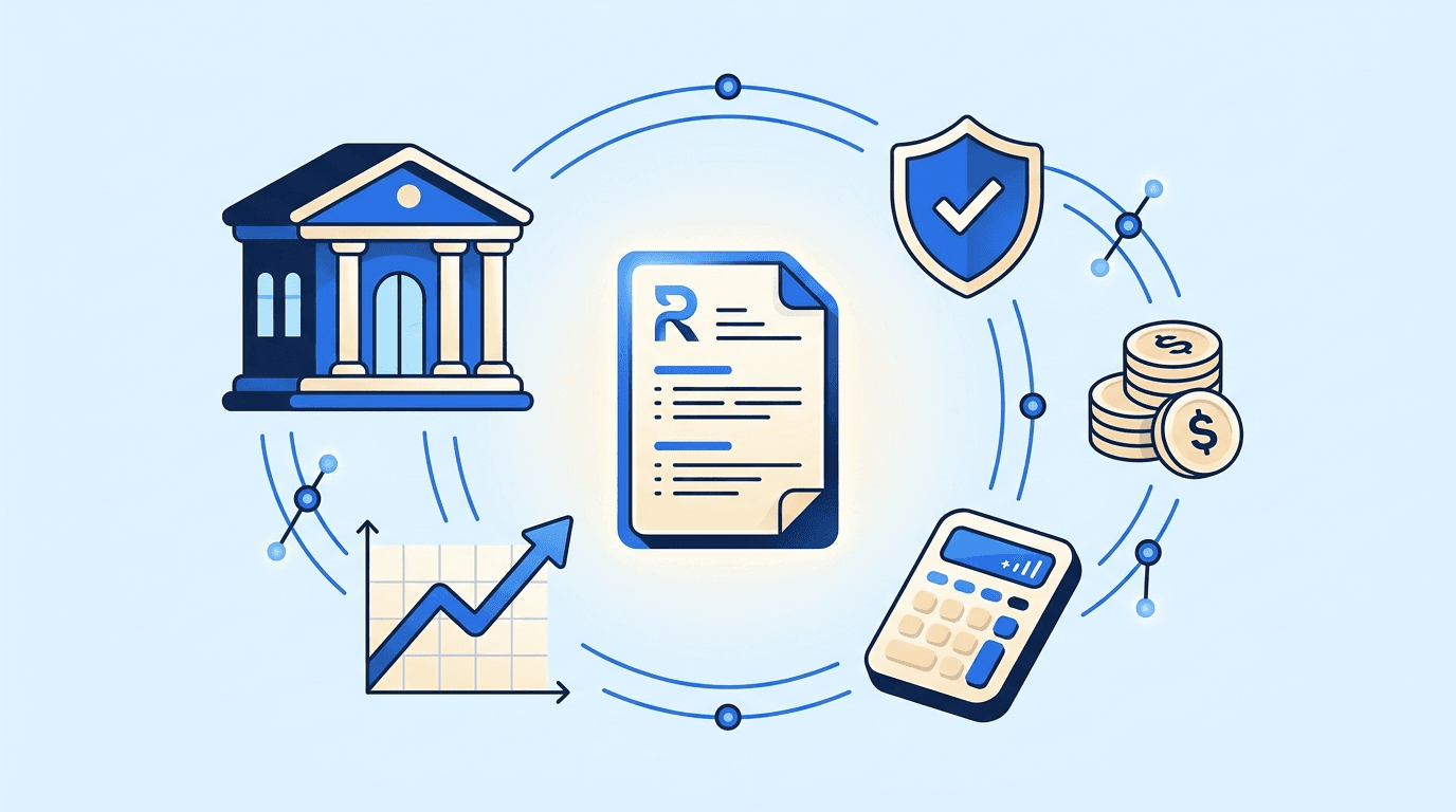 Financial services career motifs — bank columns, growth chart, shield, and coins around a resume