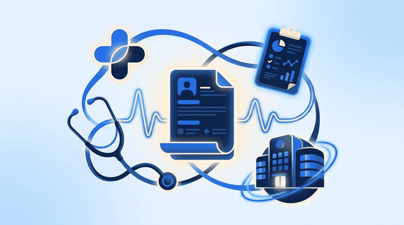 Healthcare career motifs — medical cross, stethoscope, heartbeat line, and hospital building around a resume