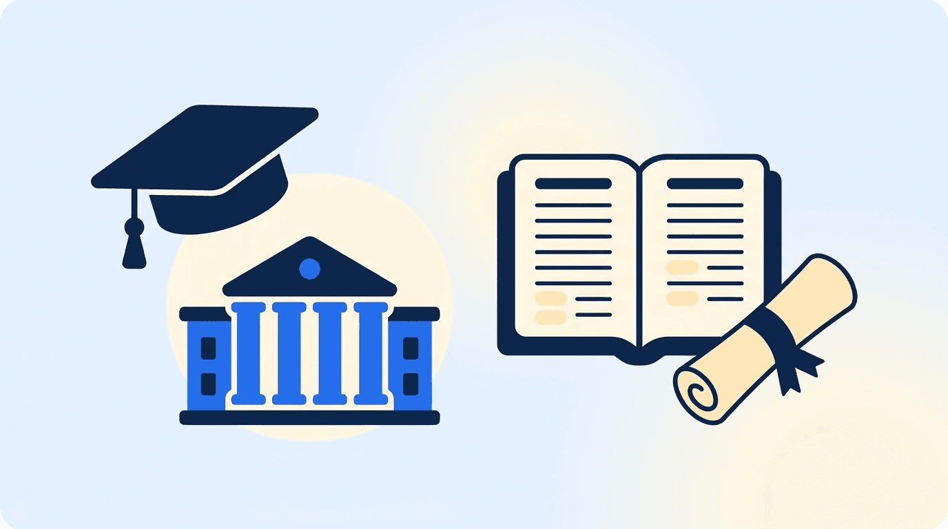 Higher education administration motifs — a graduation cap, a campus building with columns, a registrar's ledger, and a diploma scroll arranged around a resume document