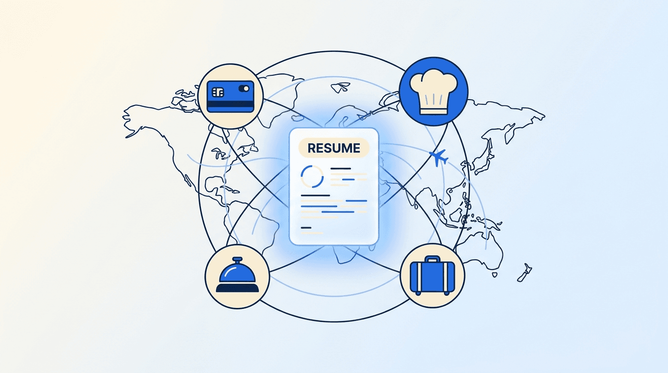 Hospitality and tourism motifs — hotel key card, chef hat, suitcase, and a concierge bell arranged around a resume document