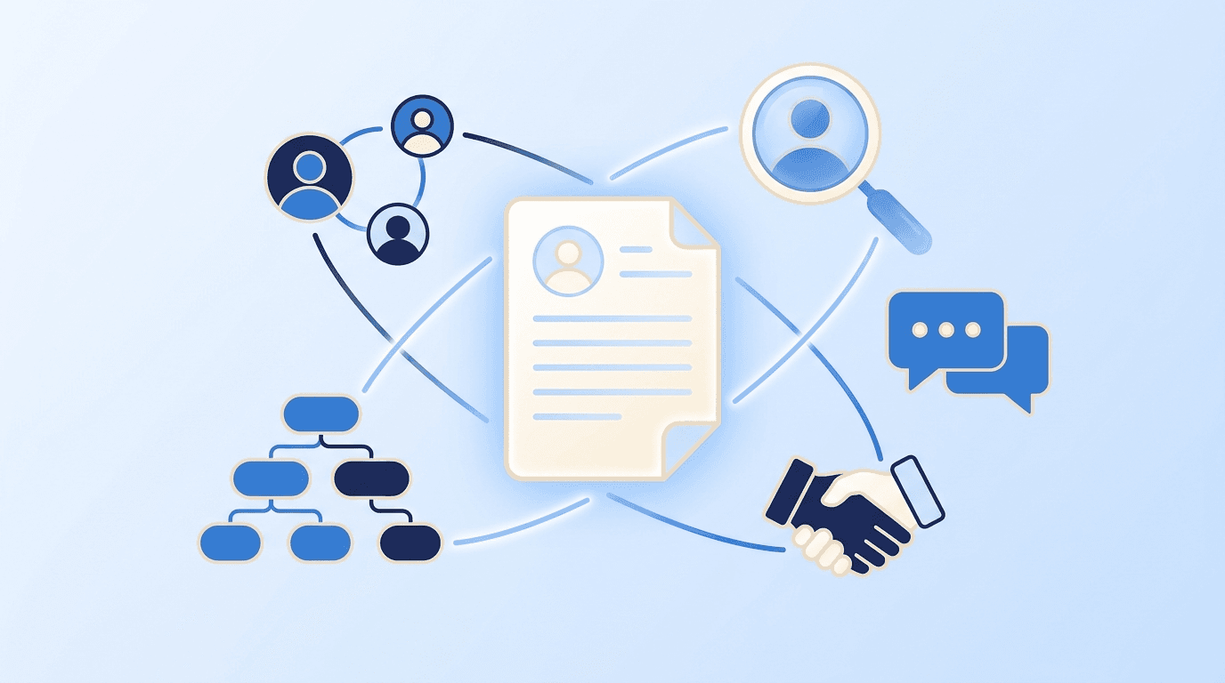 HR and staffing motifs — connected people icons, org chart, magnifying glass, and handshake around a resume