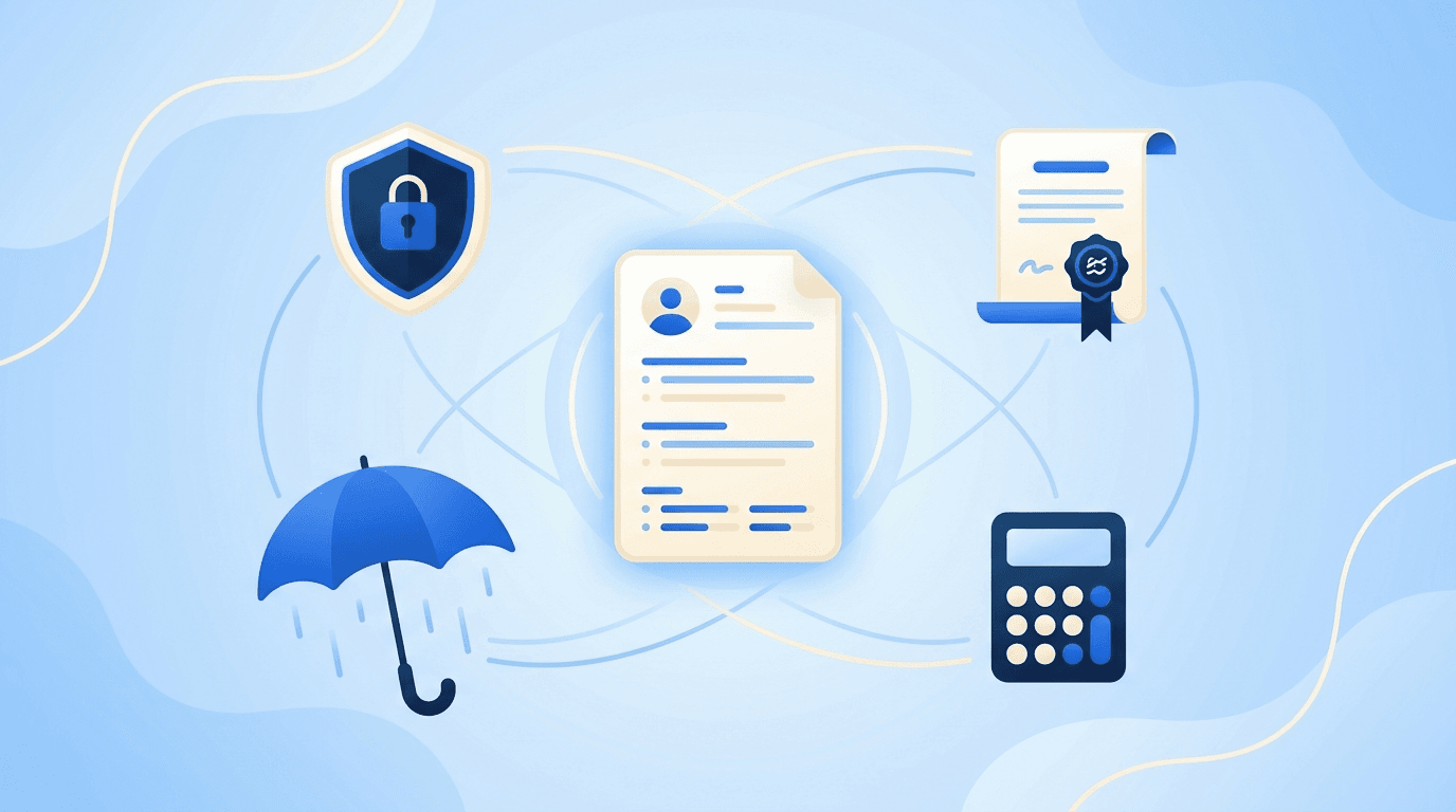 Insurance career motifs — shield, umbrella, policy document, and calculator around a resume