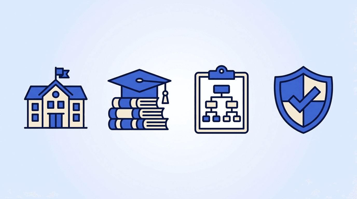 K-12 education administration motifs — a school building with a flag, a graduation cap on a stack of books, a district policy/org document, and a school-safety shield arranged around a resume document