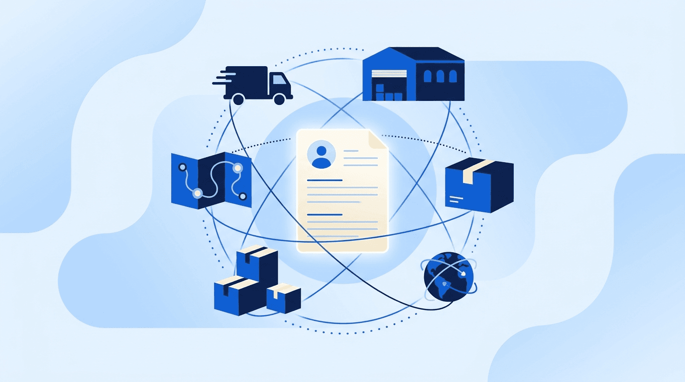 Logistics and supply chain motifs — delivery truck, warehouse shelving, route map, and shipping boxes arranged around a resume document