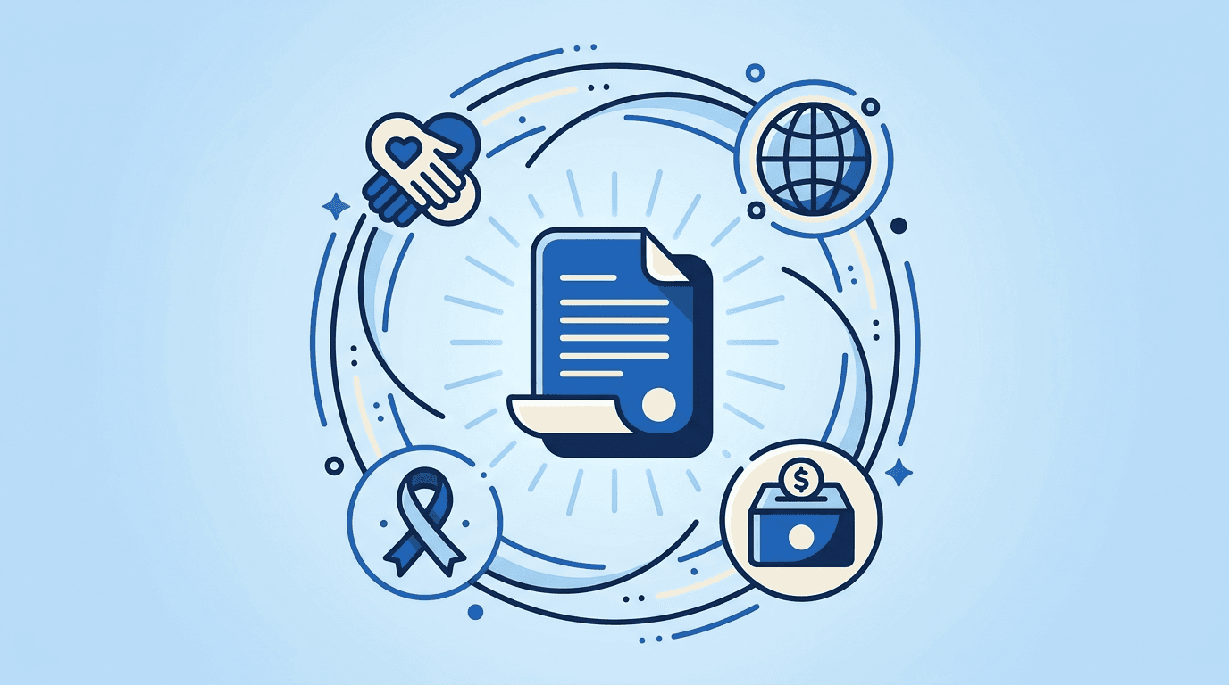 Nonprofit and charity motifs — helping hands, a heart, a globe, and a donation box arranged around a resume document