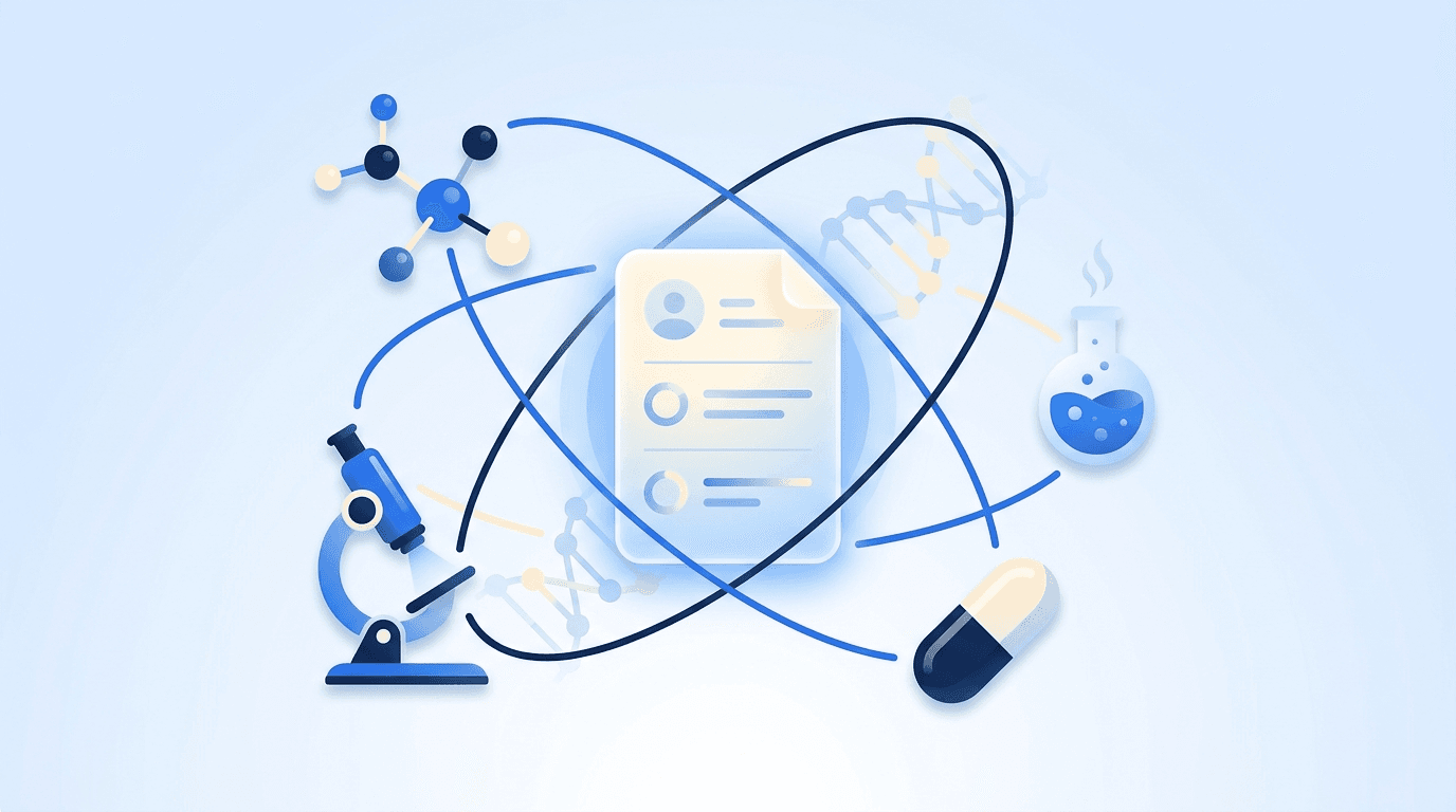 Pharma and biotech motifs — molecule, microscope, pill capsule, and lab flask around a resume