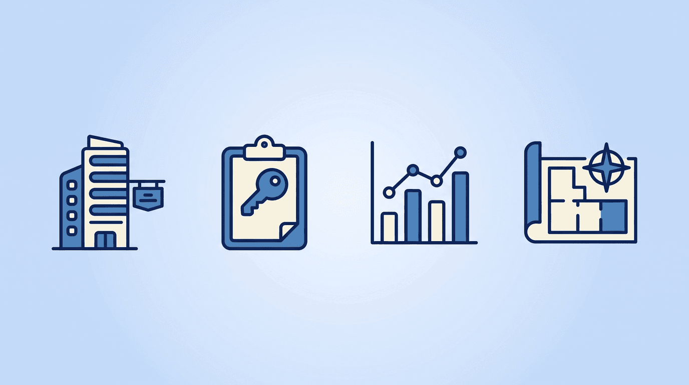 Corporate and commercial real estate motifs — an office tower with a for-lease icon, a property-management clipboard with a key, a cap-rate and analytics chart, and a building blueprint/site-plan icon arranged around a resume document
