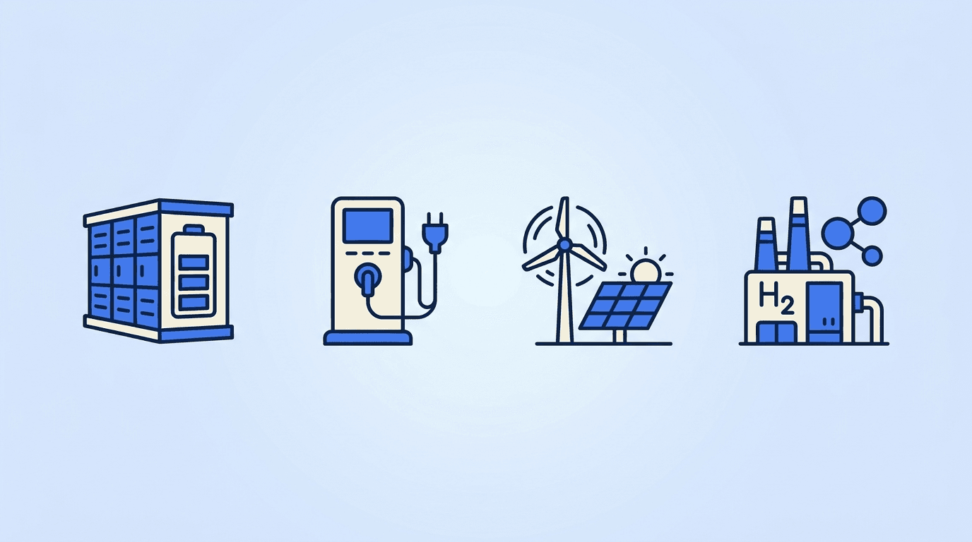 Renewable energy and cleantech motifs — a battery storage unit, an EV charging station, a wind/solar landscape, and a hydrogen electrolyzer arranged around a resume document