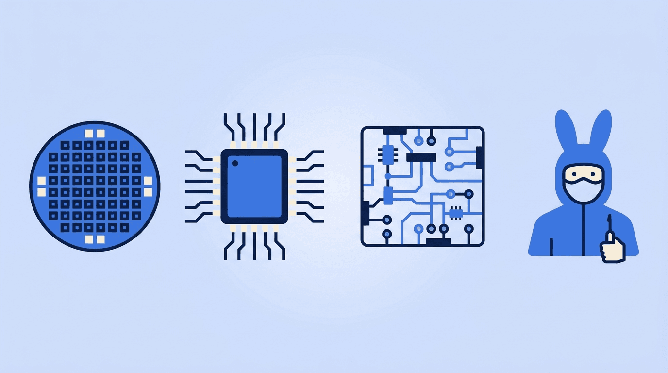 Semiconductor and hardware motifs — a silicon wafer, an etched microchip die, a circuit-board schematic, and a cleanroom figure arranged around a resume document
