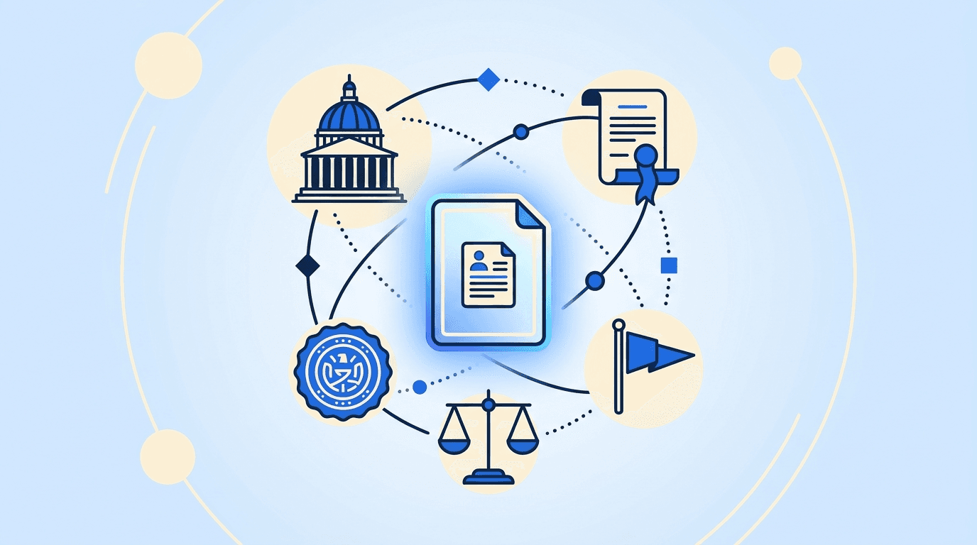 Government career motifs — classical columns, official seal, document with ribbon, and balance scales around a resume