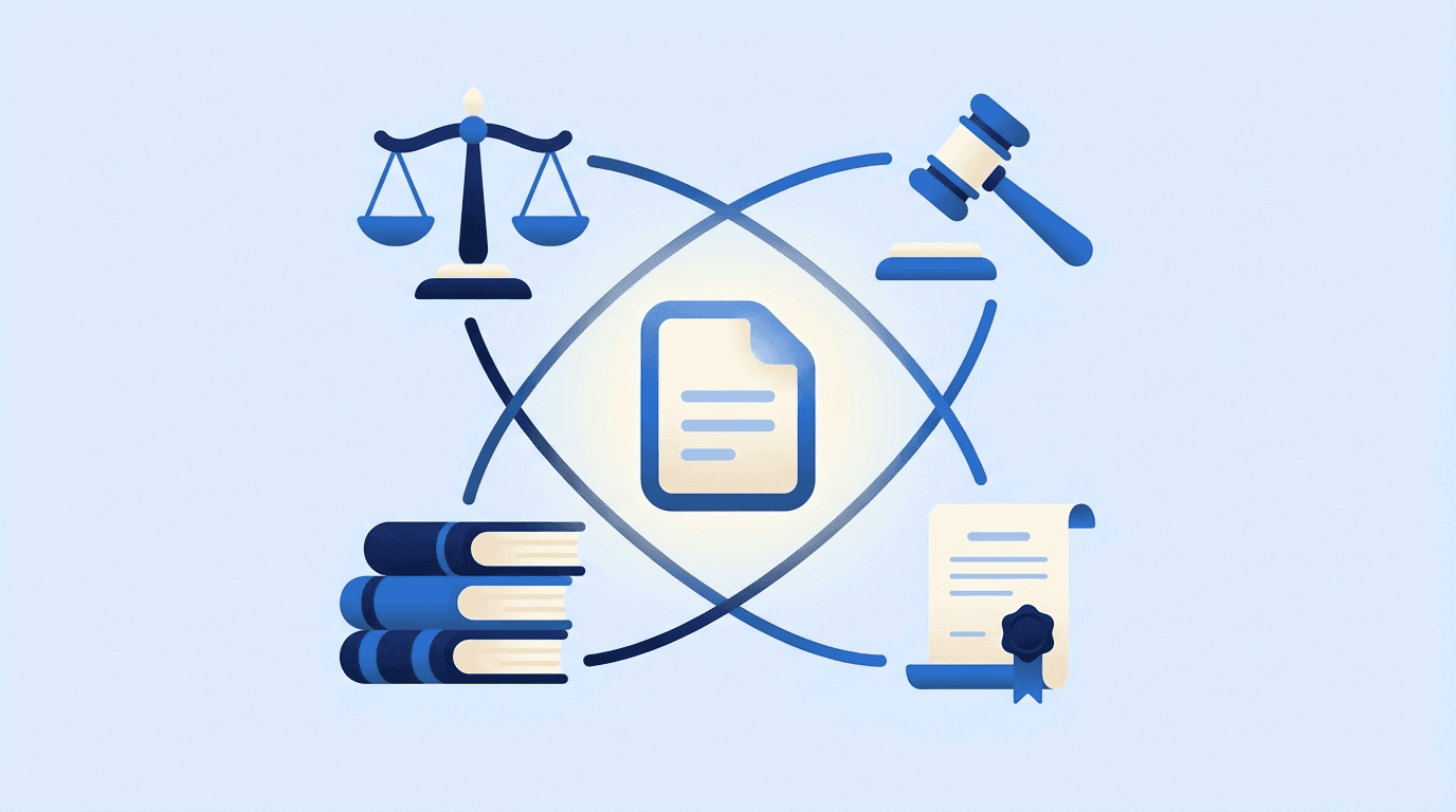 Scales of justice, gavel, law books, and a contract document arranged around a resume — legal career motifs