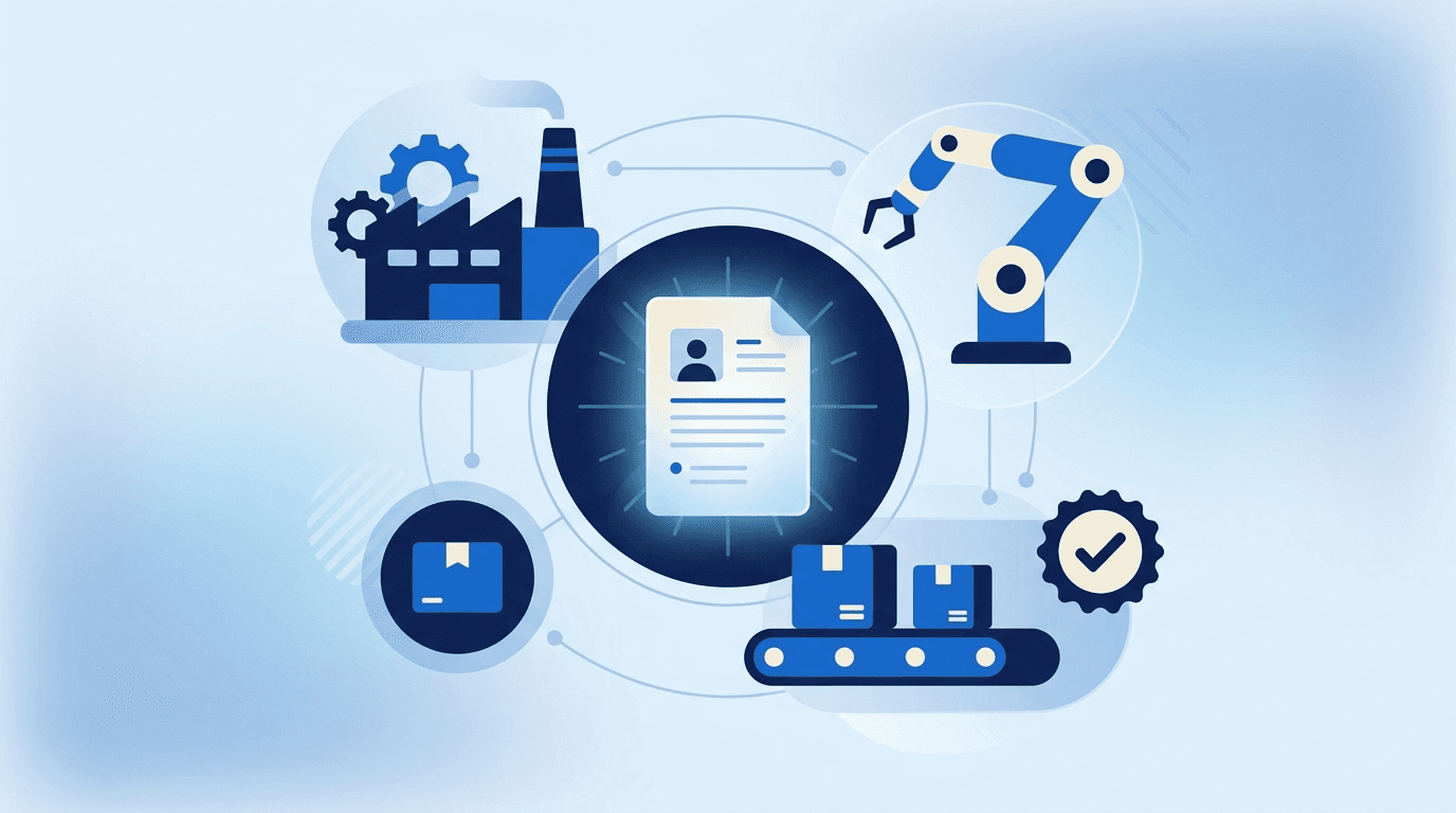 Manufacturing motifs — factory silhouette with gears, robotic arm, conveyor belt, and quality checkmark around a resume