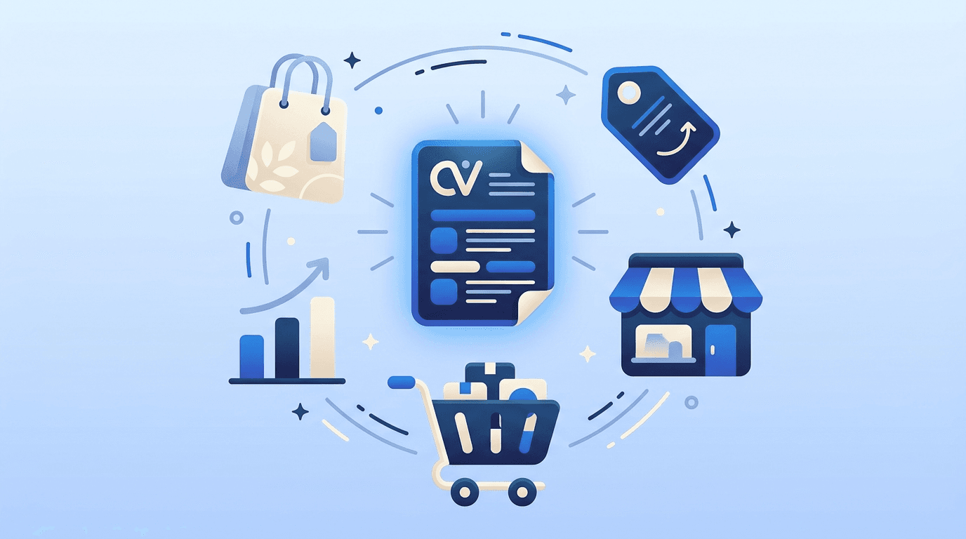 Retail career motifs — storefront awning, shopping bag, price tag, and sales chart around a resume