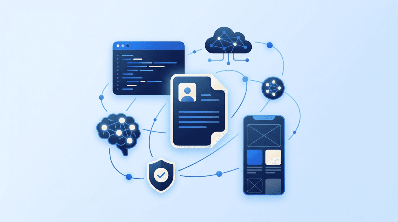 Technology career paths — code, cloud, security, and design motifs around a resume