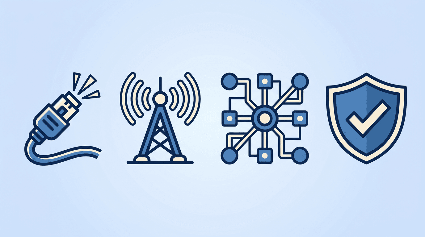 Telecommunications motifs โ a fiber-optic cable with a light pulse, a cell tower with signal waves, a network/circuit diagram, and a regulatory-compliance shield arranged around a resume document