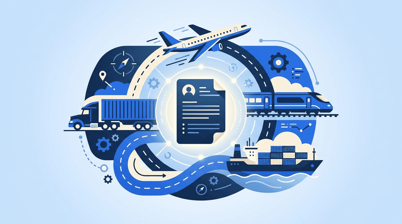 Transportation motifs โ a freight truck, an airplane in flight, a train locomotive, and a cargo ship arranged around a resume document